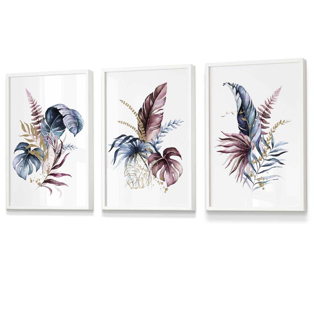 Botanical set with 3 pink and blue floral wall art framed prints | Bowlift