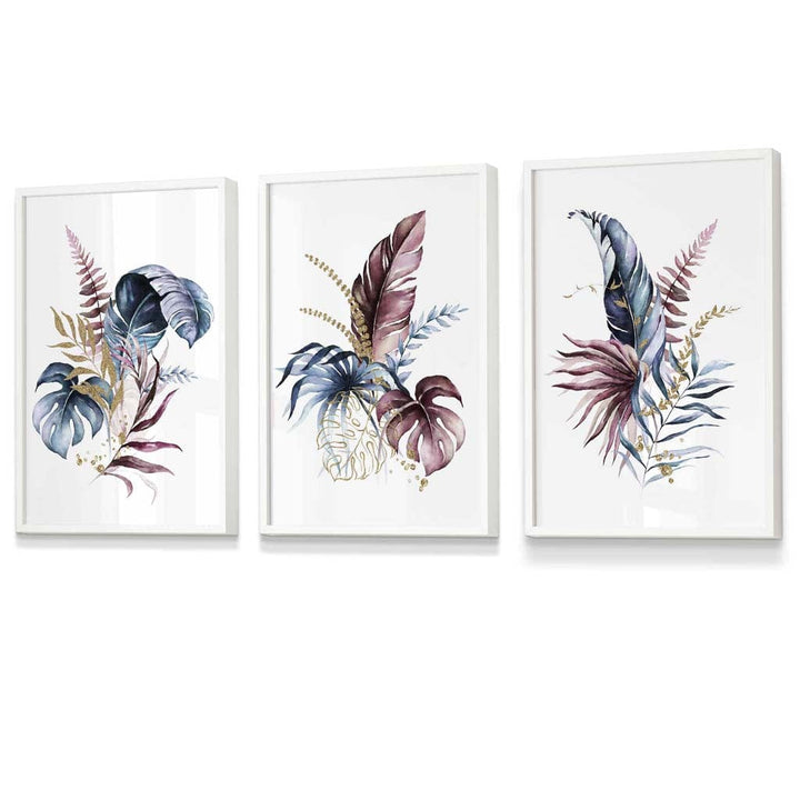 Botanical set with 3 pink and blue floral wall art framed prints | Bowlift