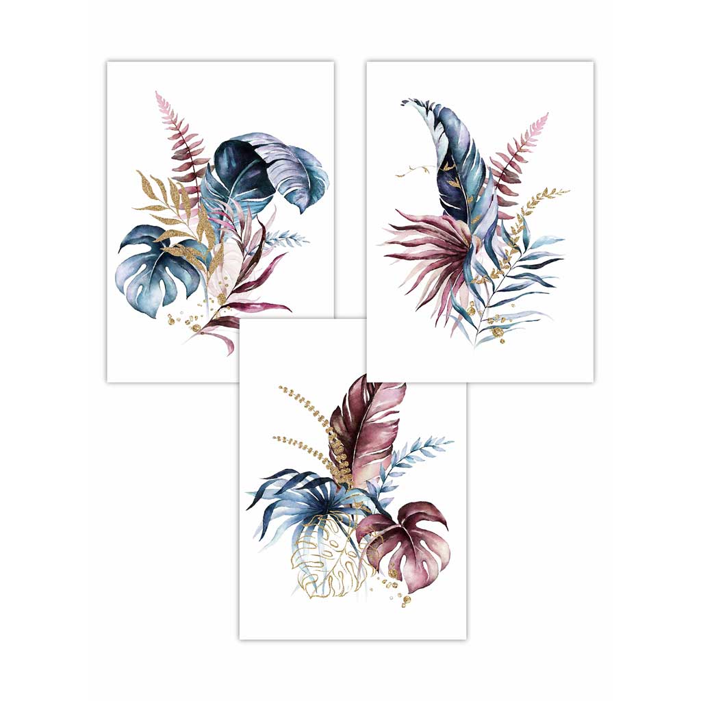 Botanical set of 3 pink and blue floral wall art prints | Bowlift