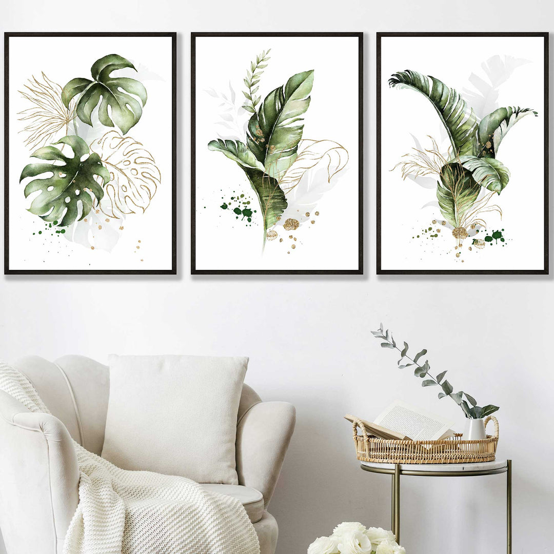 Botanical set of 3 green and gold flower wall art prints in frames | Bowlift