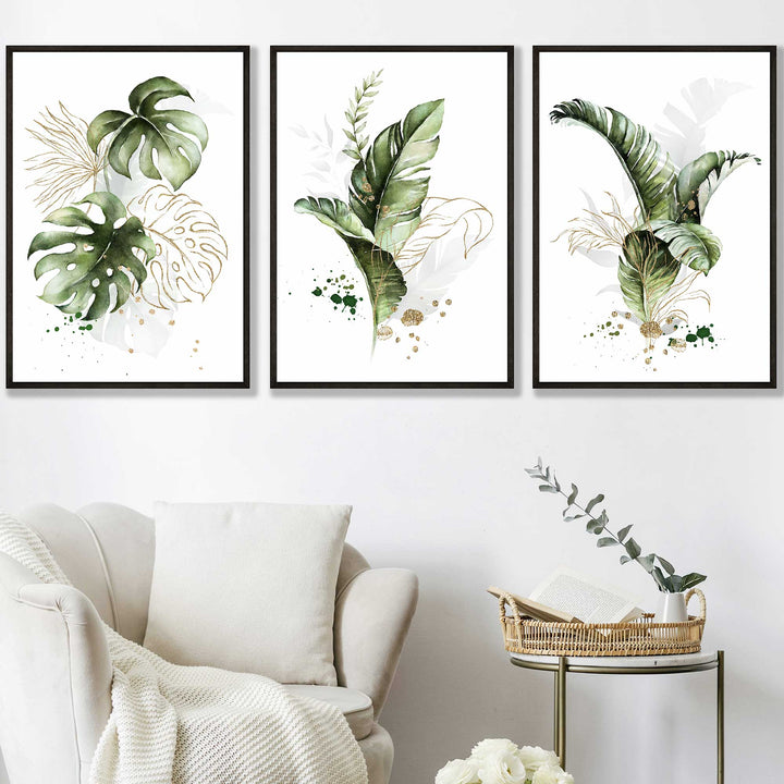 Botanical set of 3 green and gold flower wall art prints in frames | Bowlift