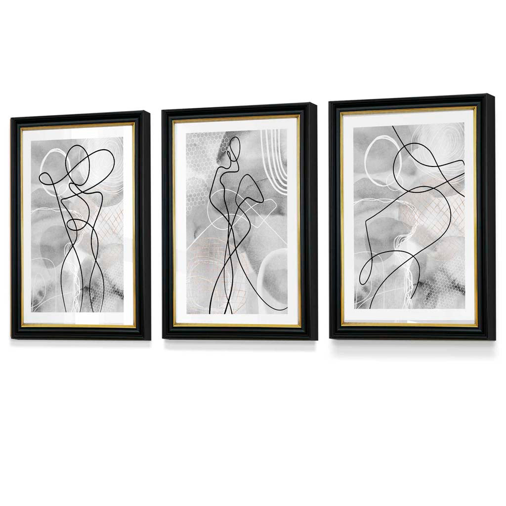 Abstract Set of 3 Inspired Fashion Line Framed Prints in Black & Gray | Bowlift