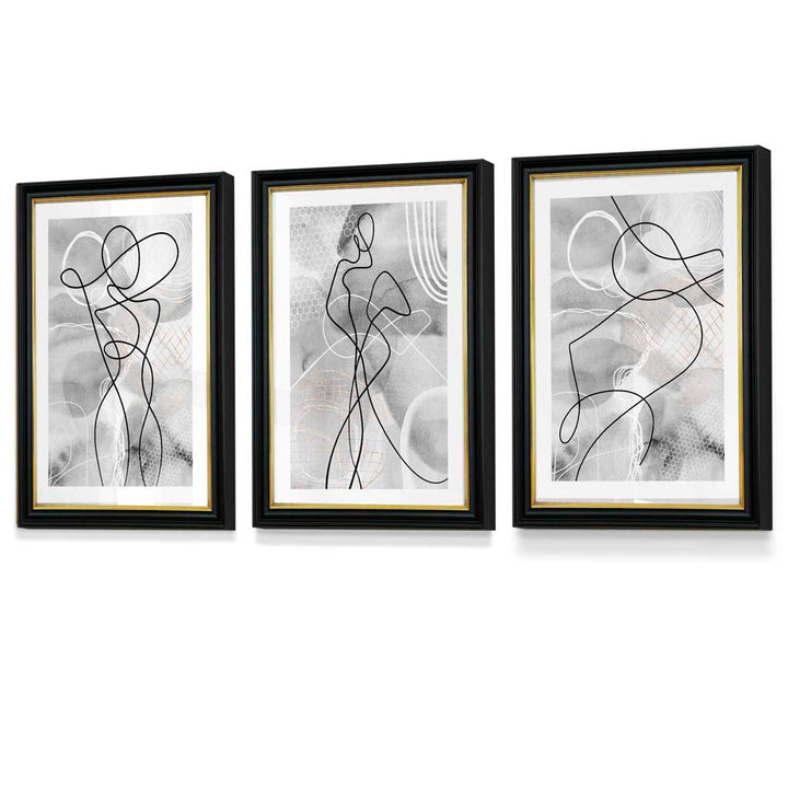 Abstract Set of 3 Inspired Fashion Line Framed Prints in Black & Gray | Bowlift