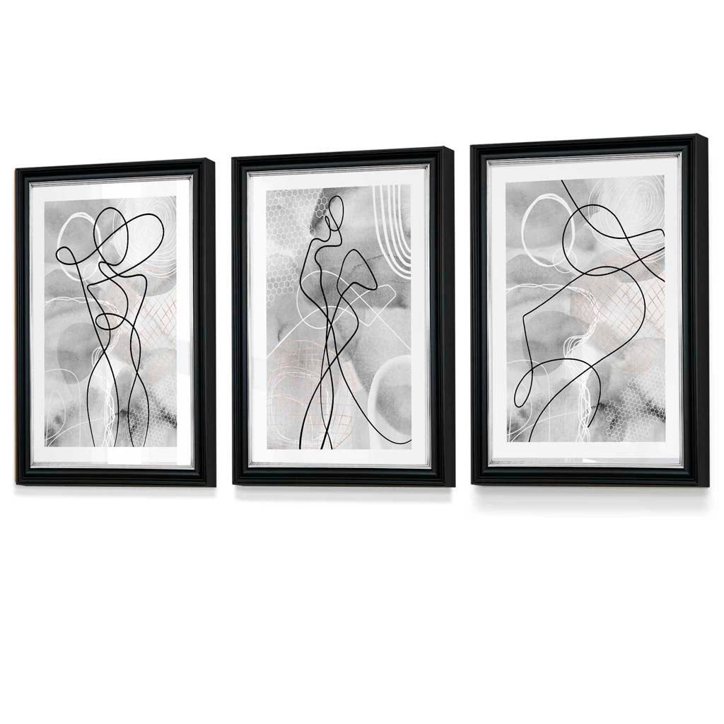 Abstract Set of 3 Inspired Fashion Line Framed Prints in Black & Gray | Bowlift