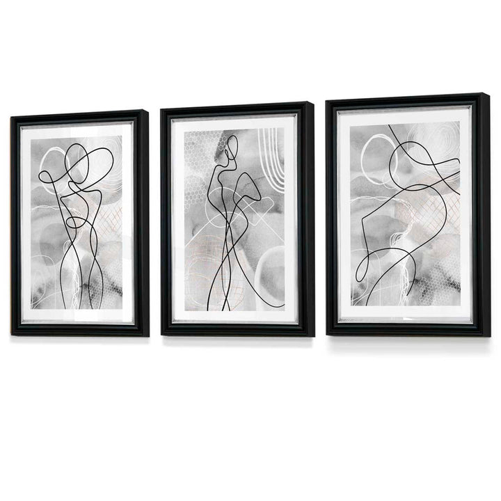 Abstract Set of 3 Inspired Fashion Line Framed Prints in Black & Gray | Bowlift