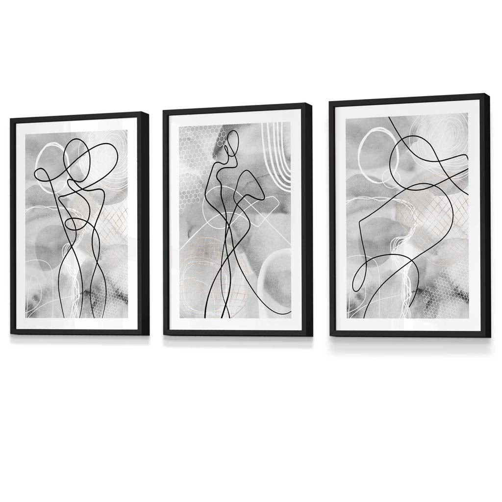 Abstract Set of 3 Inspired Fashion Line Framed Prints in Black & Gray | Bowlift