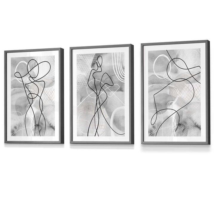 Abstract Set of 3 Inspired Fashion Line Framed Prints in Black & Gray | Bowlift