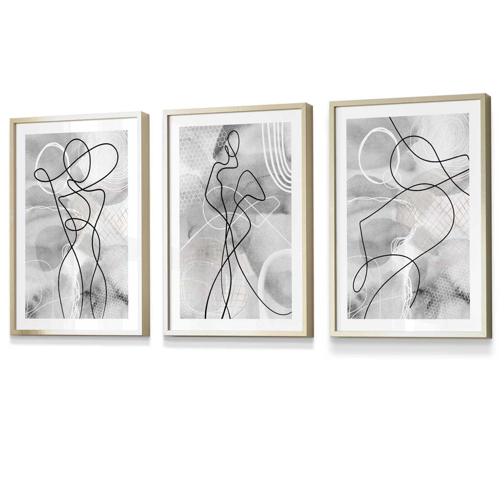 Abstract Set of 3 Inspired Fashion Line Framed Prints in Black & Gray | Bowlift