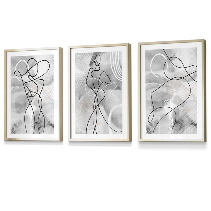 Abstract Set of 3 Inspired Fashion Line Framed Prints in Black & Gray | Bowlift