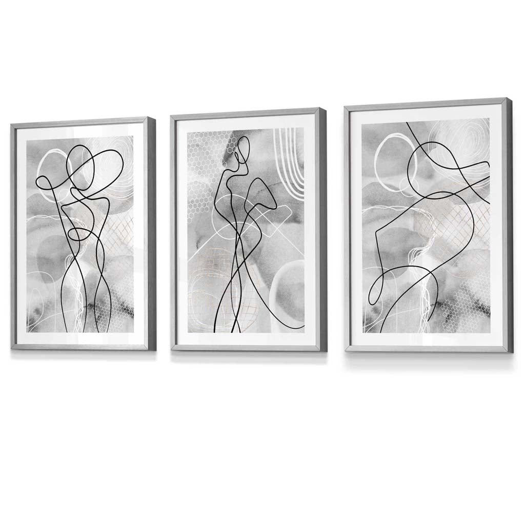 Abstract Set of 3 Inspired Fashion Line Framed Prints in Black & Gray | Bowlift