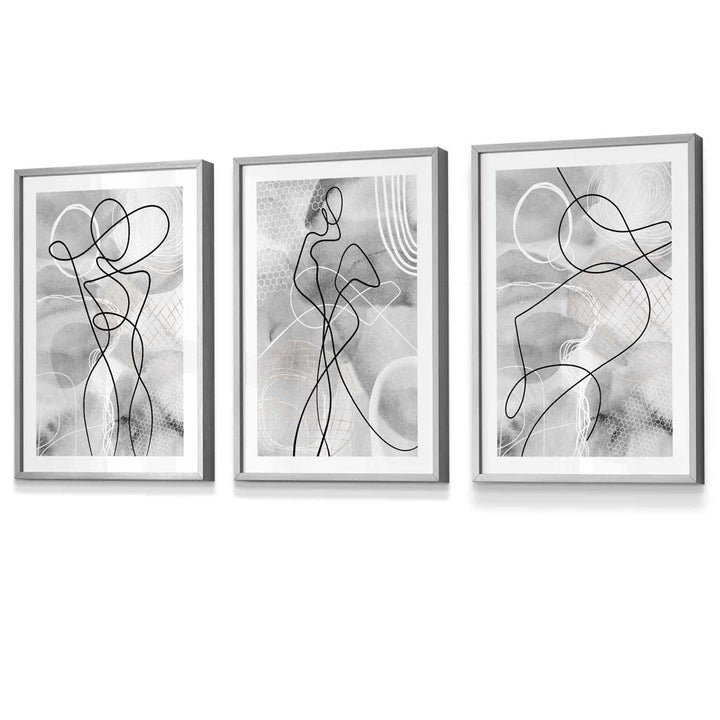 Abstract Set of 3 Inspired Fashion Line Framed Prints in Black & Gray | Bowlift