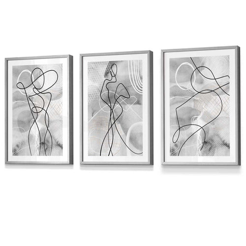 Abstract Set of 3 Inspired Fashion Line Framed Prints in Black & Gray | Bowlift