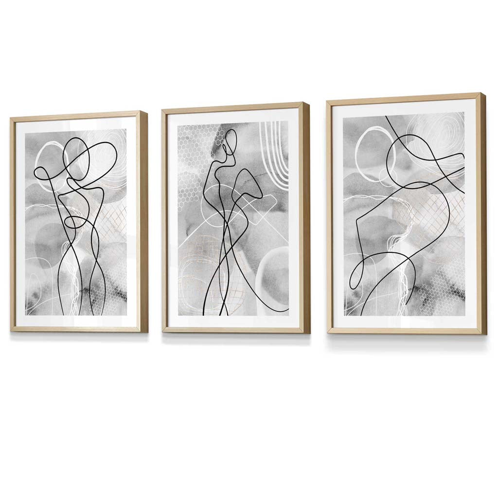 Abstract Set of 3 Inspired Fashion Line Framed Prints in Black & Gray | Bowlift