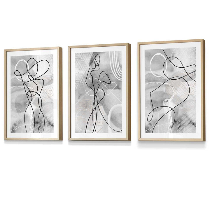 Abstract Set of 3 Inspired Fashion Line Framed Prints in Black & Gray | Bowlift