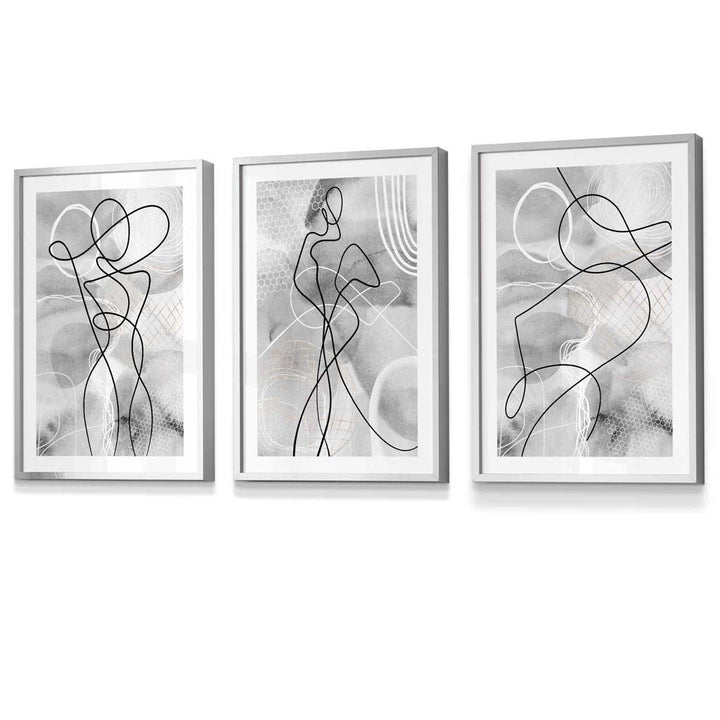 Abstract Set of 3 Inspired Fashion Line Framed Prints in Black & Gray | Bowlift