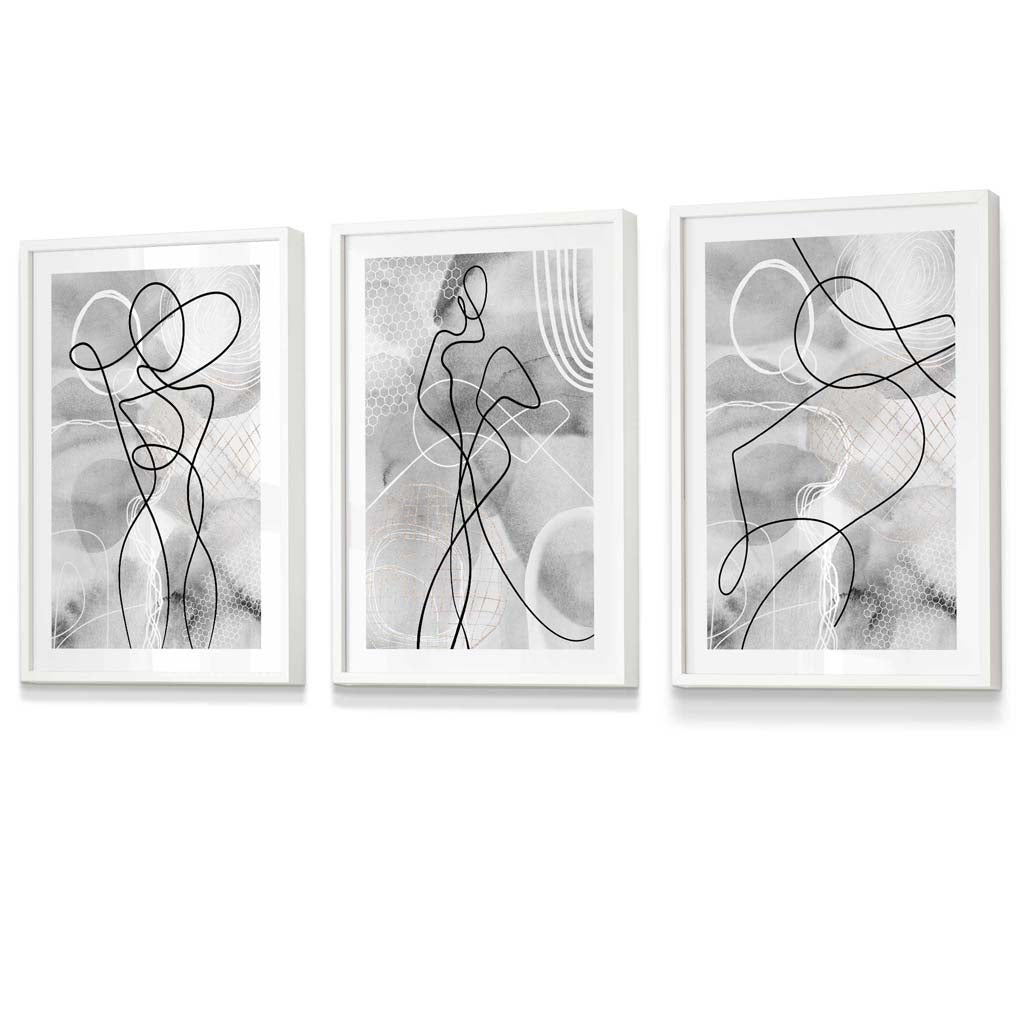Abstract Set of 3 Inspired Fashion Line Framed Prints in Black & Gray | Bowlift