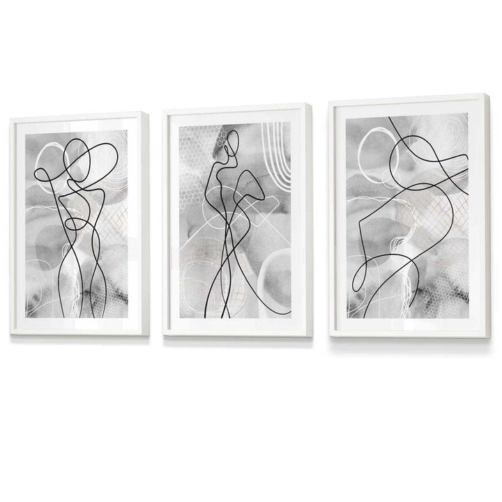 Abstract Set of 3 Inspired Fashion Line Framed Prints in Black & Gray | Bowlift