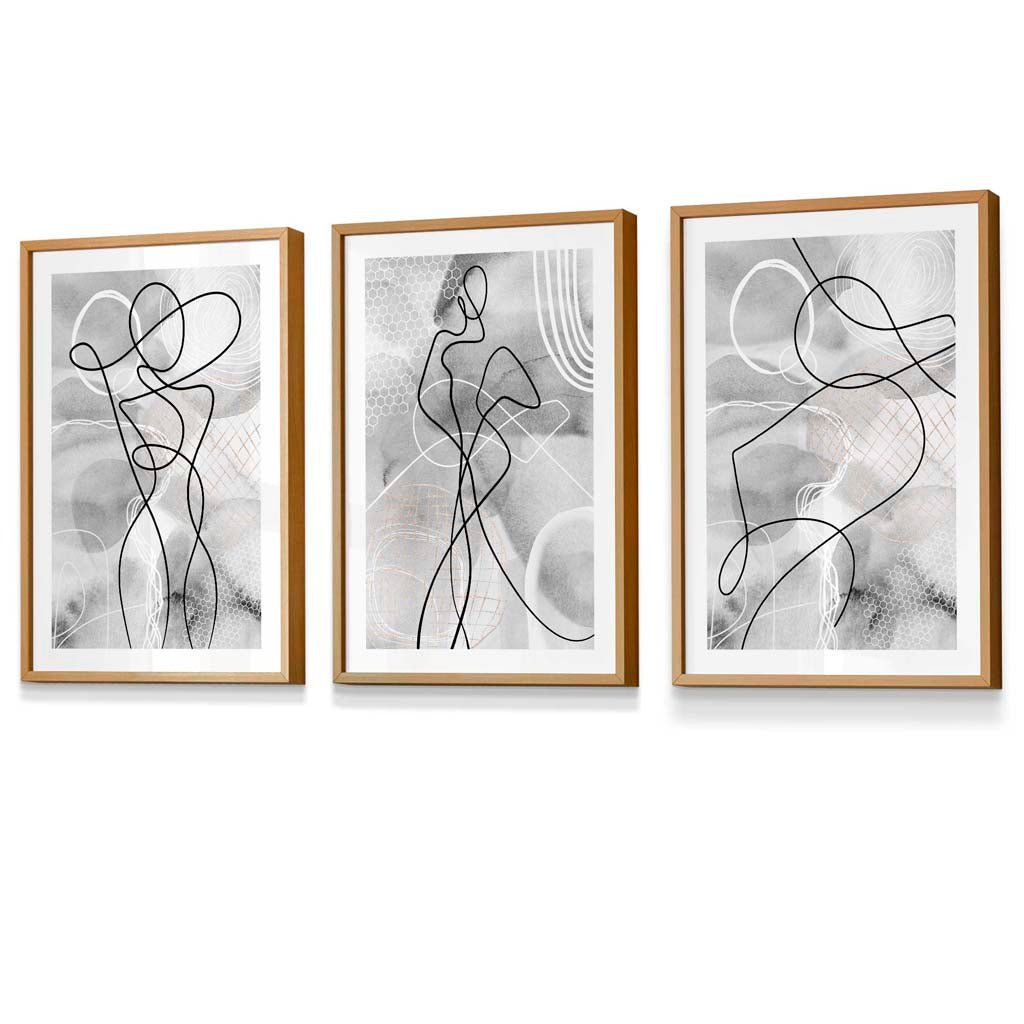 Abstract Set of 3 Inspired Fashion Line Framed Prints in Black & Gray | Bowlift