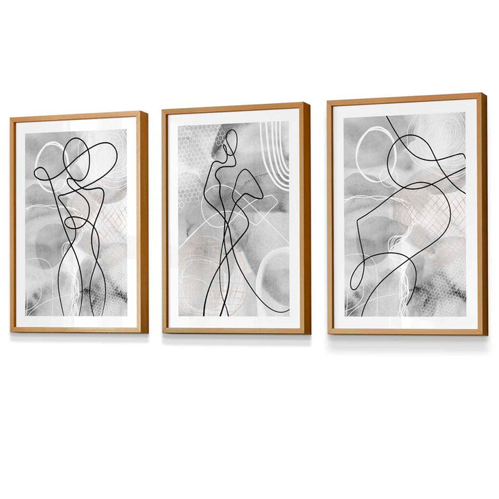 Abstract Set of 3 Inspired Fashion Line Framed Prints in Black & Gray | Bowlift