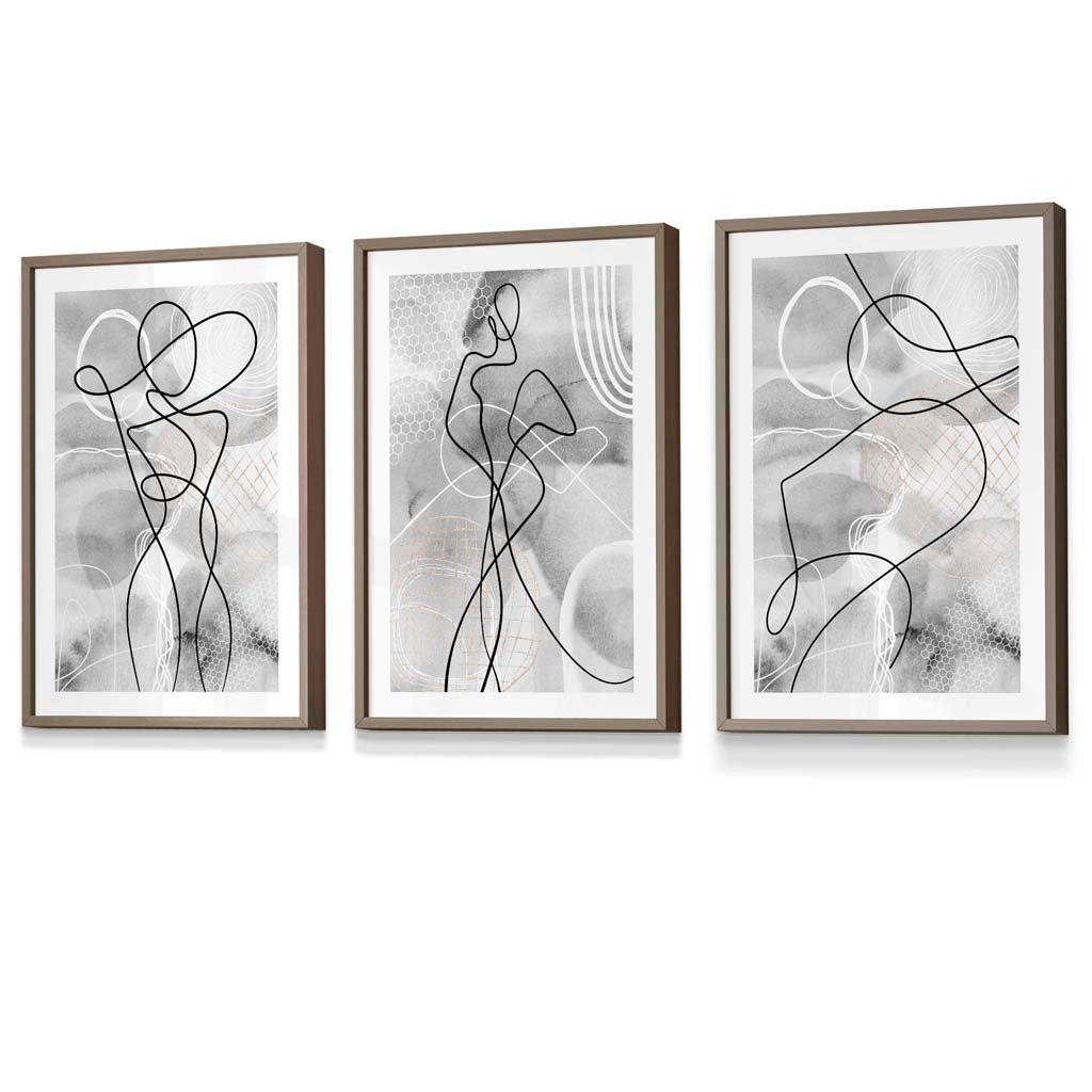 Abstract Set of 3 Inspired Fashion Line Framed Prints in Black & Gray | Bowlift