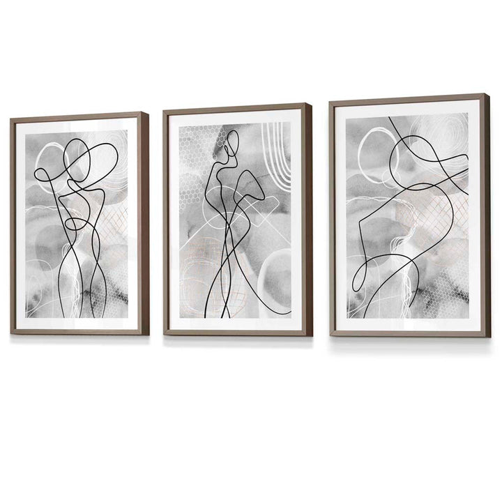 Abstract Set of 3 Inspired Fashion Line Framed Prints in Black & Gray | Bowlift