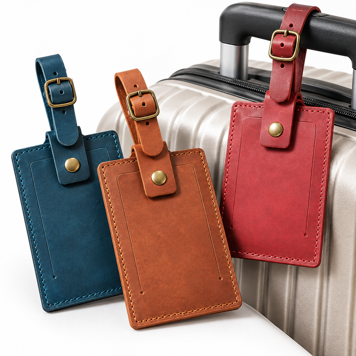Vintage Full-Grain Leather Luggage Tag with Adjustable Buckle Strap Bowlift