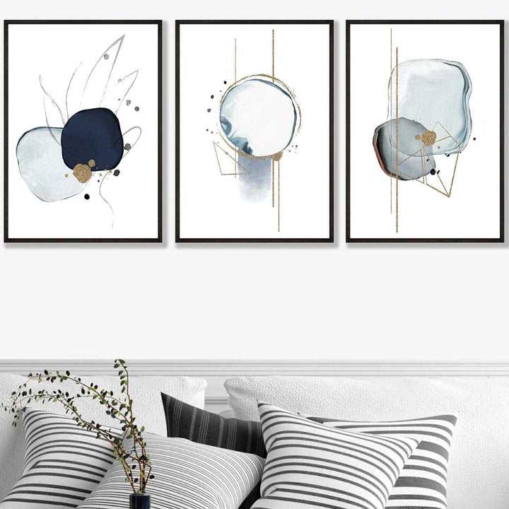 Abstract Winter Mood Navy Gold Art Prints Set of 3 | Bowlift