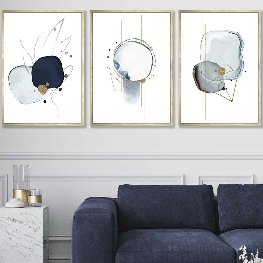 Abstract Winter Mood Navy Gold Art Prints Set of 3 | Bowlift