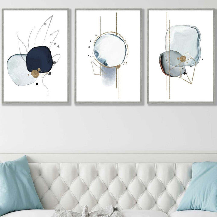 Abstract Winter Mood Navy Gold Art Prints Set of 3 | Bowlift