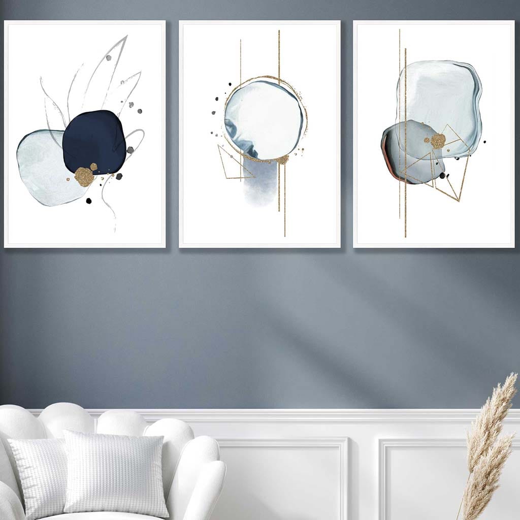 Abstract Winter Mood Navy Gold Art Prints Set of 3 | Bowlift