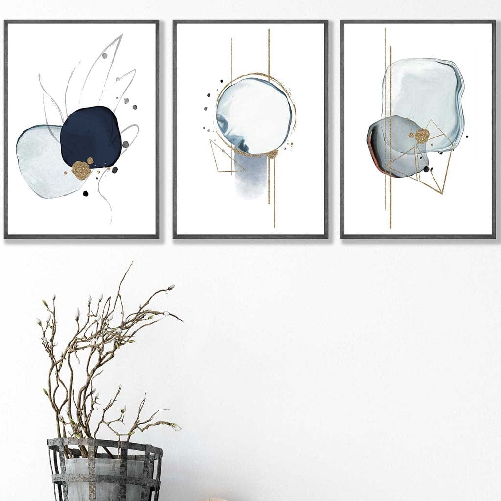 Abstract Winter Mood Navy Gold Art Prints Set of 3 | Bowlift