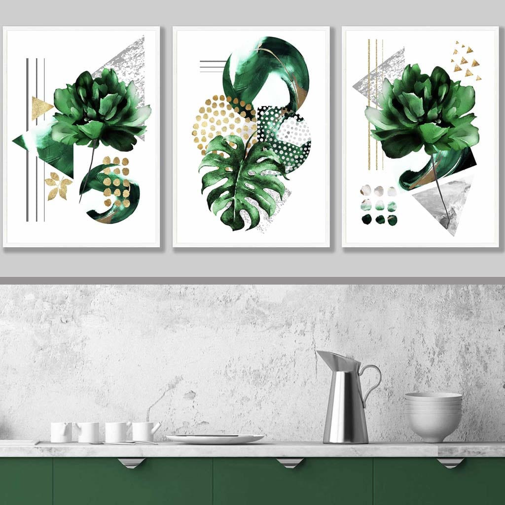 Abstract Green Gold Flower Set of 3 Art Prints | Bowlift