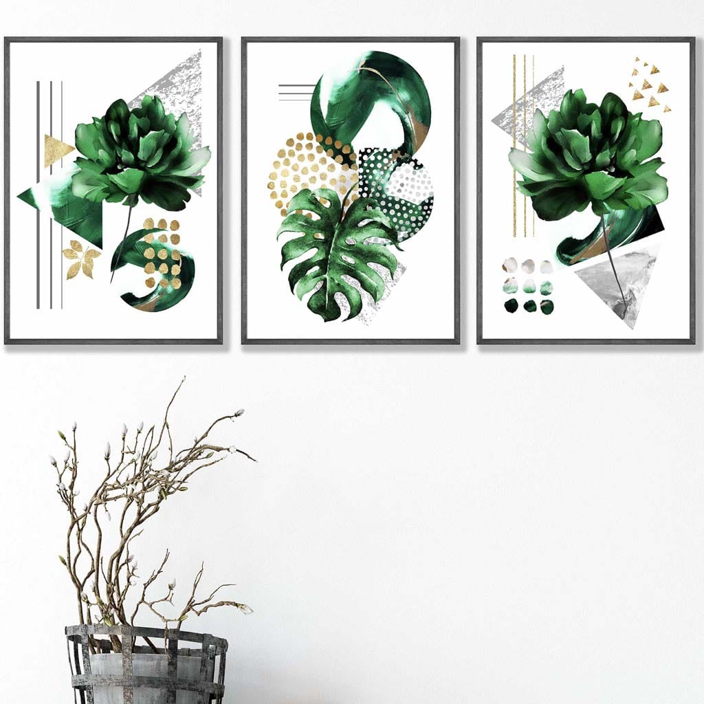 Abstract Green Gold Flower Set of 3 Art Prints | Bowlift