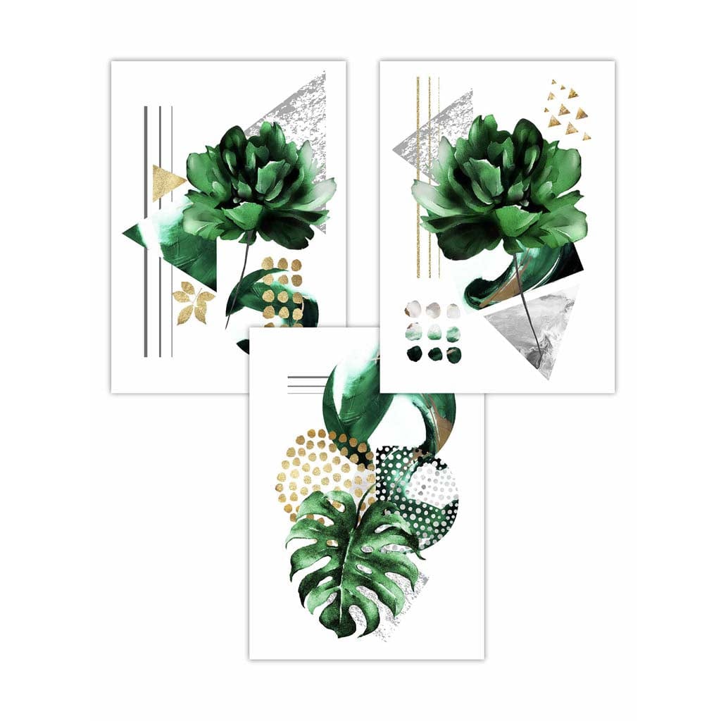 Abstract Green Gold Flower Set of 3 Art Prints | Bowlift