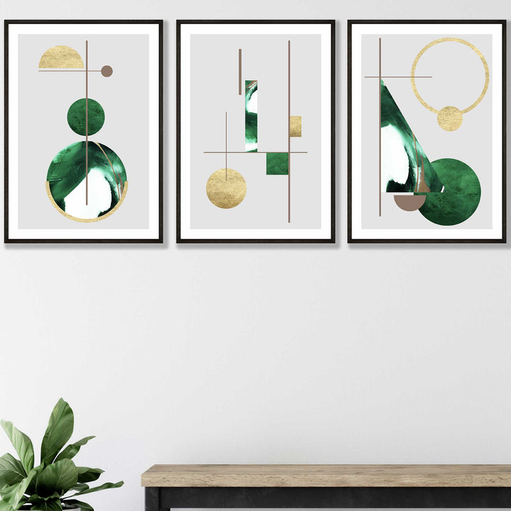 Art Deco Set of 3 textured geometric wall art prints in green and gold | Bowlift