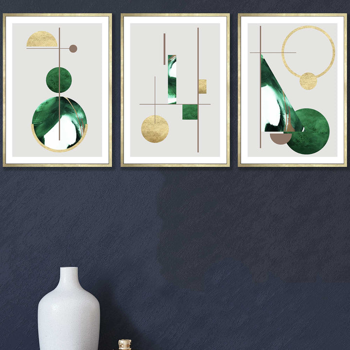 Art Deco Set of 3 textured geometric wall art prints in green and gold | Bowlift