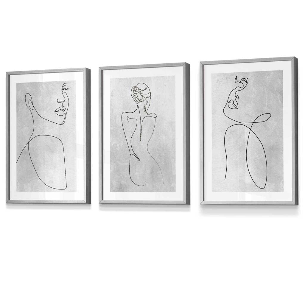 Abstract Line Art Woman Gray Wall Art Set of 3 Framed Prints | Bowlift