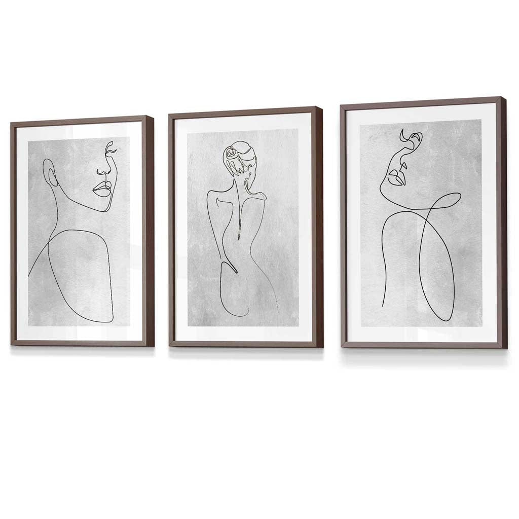 Abstract Line Art Woman Gray Wall Art Set of 3 Framed Prints | Bowlift