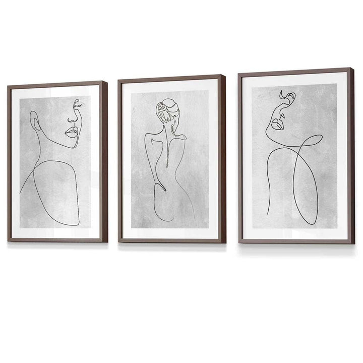 Abstract Line Art Woman Gray Wall Art Set of 3 Framed Prints | Bowlift