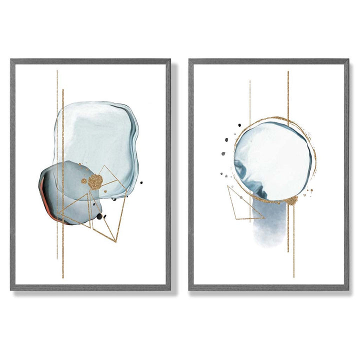 Aqua Blue Abstract Shapes Framed Set of 2 Art Prints | Bowlift