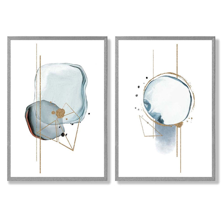Aqua Blue Abstract Shapes Framed Set of 2 Art Prints | Bowlift