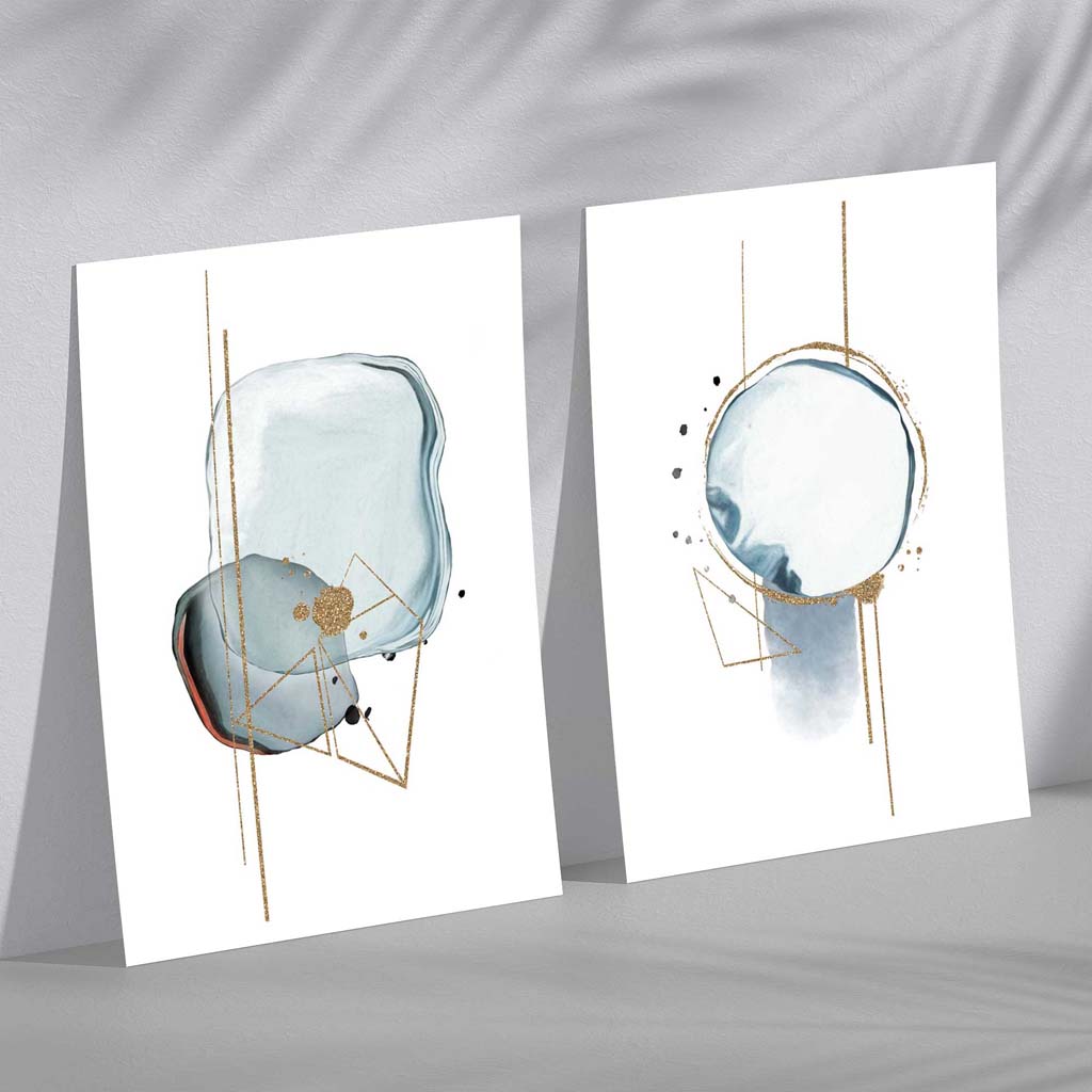Aqua Blue Abstract Shapes Set of 2 Art Prints | Bowlift