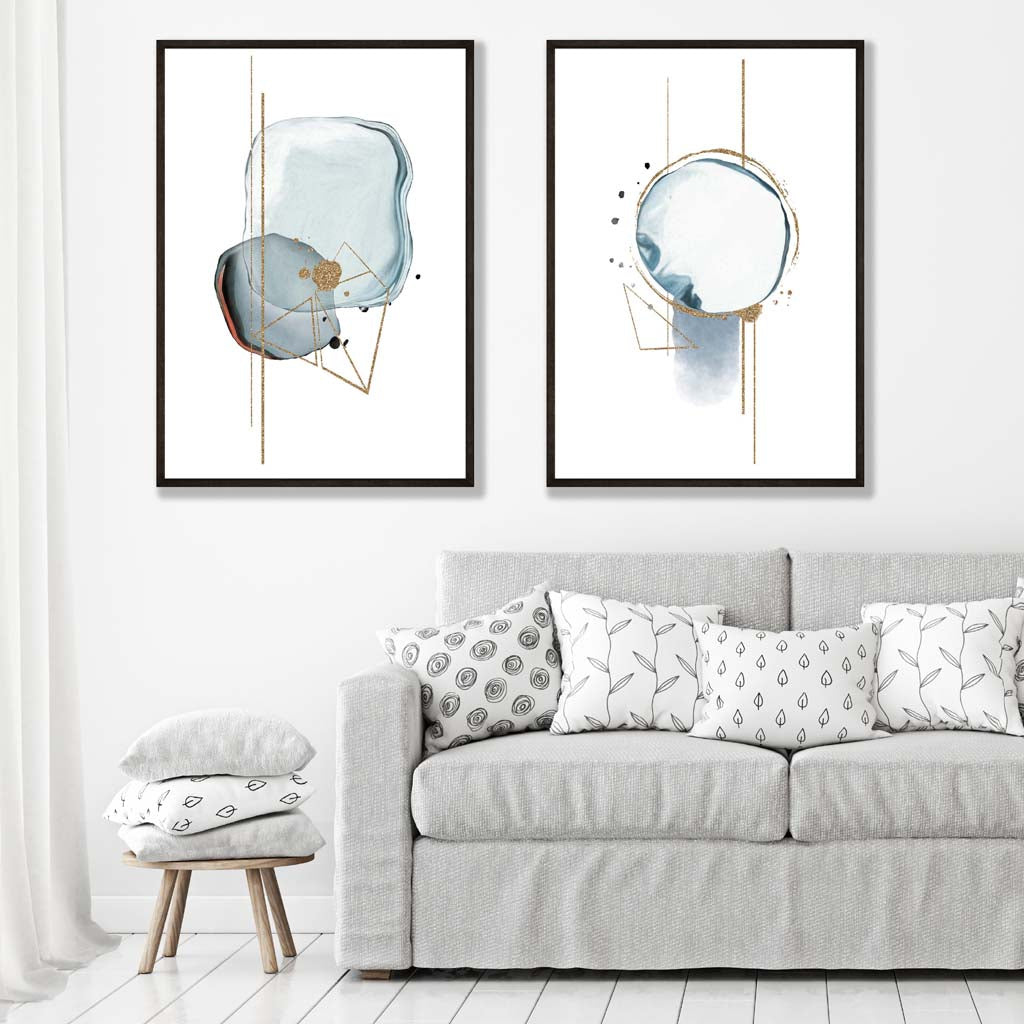 Aqua Blue Abstract Shapes Framed Set of 2 Art Prints | Bowlift