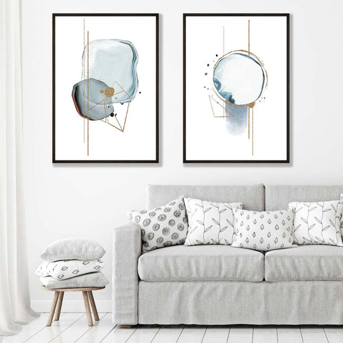Aqua Blue Abstract Shapes Framed Set of 2 Art Prints | Bowlift