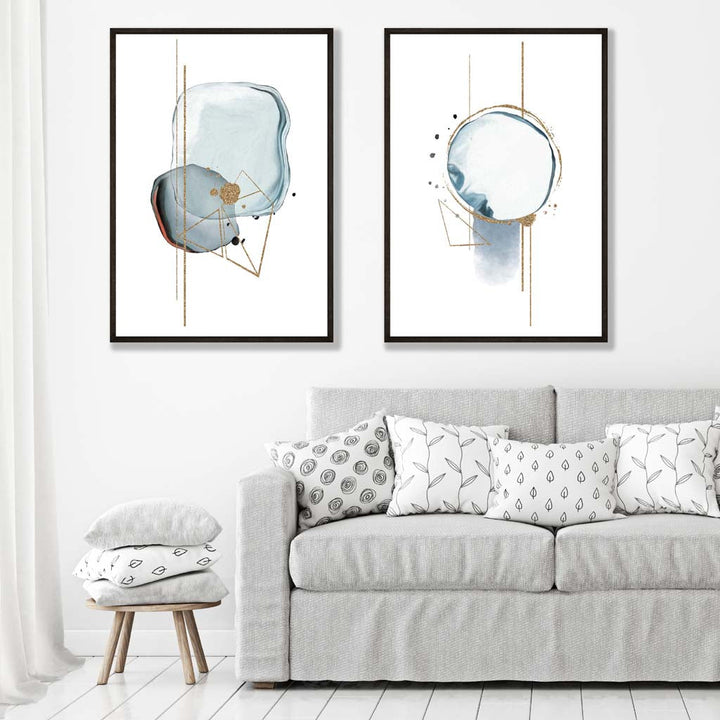 Aqua Blue Abstract Shapes Set of 2 Art Prints | Bowlift