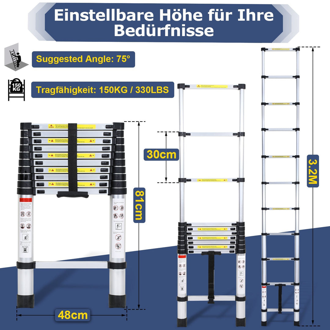 Telescopic Ladder Aluminum Load capacity up to 150kg 2.6m-5m | Bowlift