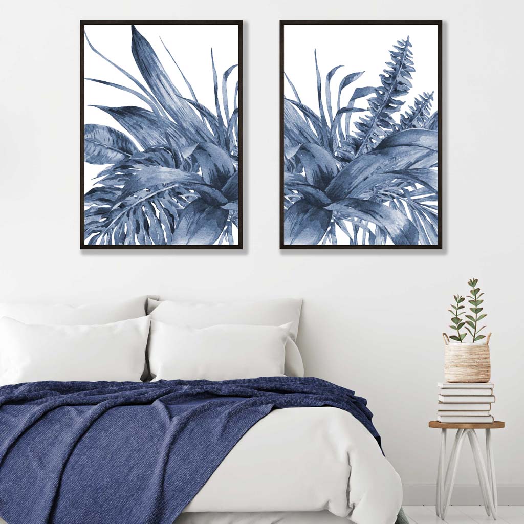 Blue Tropical Leaf Watercolor Set of 2 Art Prints | Bowlift