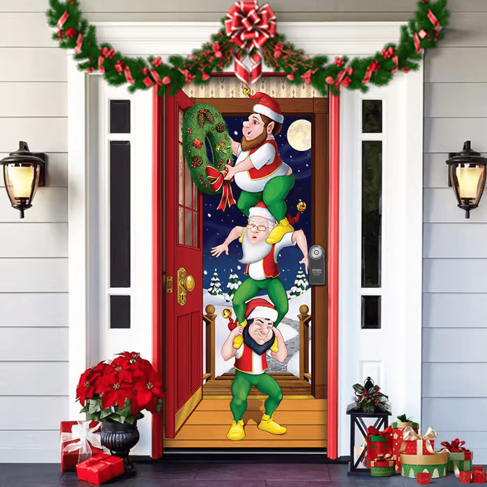 BowLift | Christmas Door Decoration with Santa Claus | Fabric Door Cover | Quick Assembly & Reusable