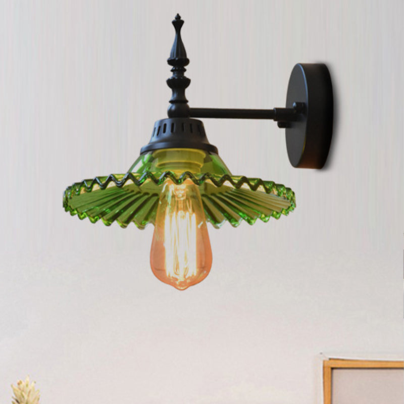 BowLift | Clear/Green Glass Black Wall Light Cone/Wide Flare 1-Light Industrial Wall Lamp for Living Room
