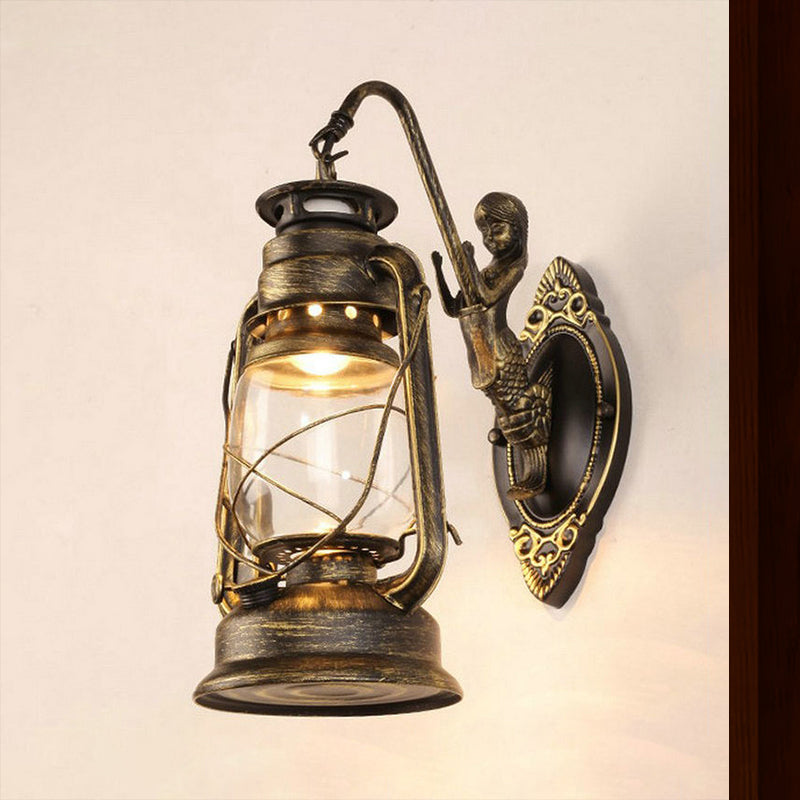 BowLift | One Bulb Wall Lamp with Lantern Shade Clear Glass Coast Bedroom Wall Lamp in Black/Antique Brass/Aged Copper with Mermaid